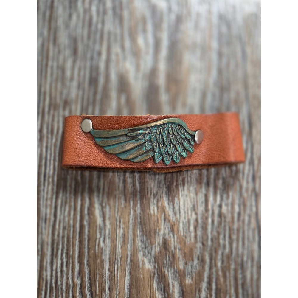 Brown Leather Wing Cuff Bracelet Verdigris Patina Metal Snap Closure Unisex